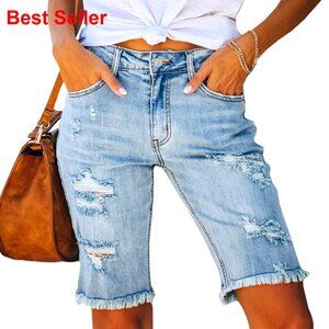 High Waisted Denim Bermuda Shorts Ripped Distressed Knee Length Stretch